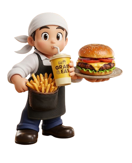 Grab & Eat mascot holding a burger, fries and a Grab & Eat cup